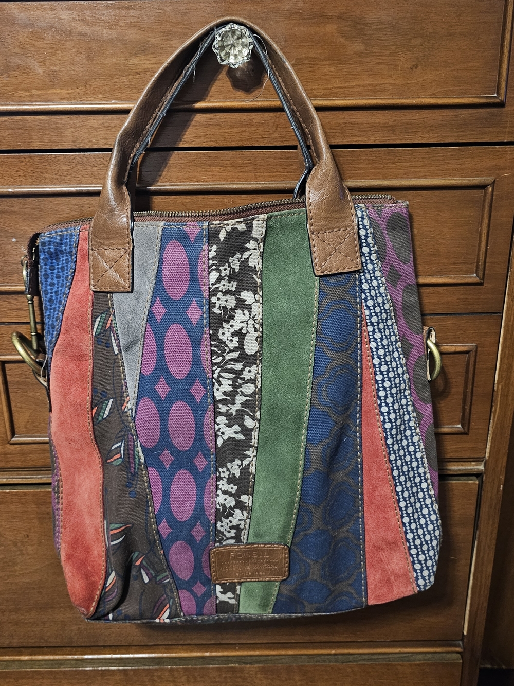 Fossil Multicolor Patchwork Tote — Green, Blue, Purple, Red, Brown